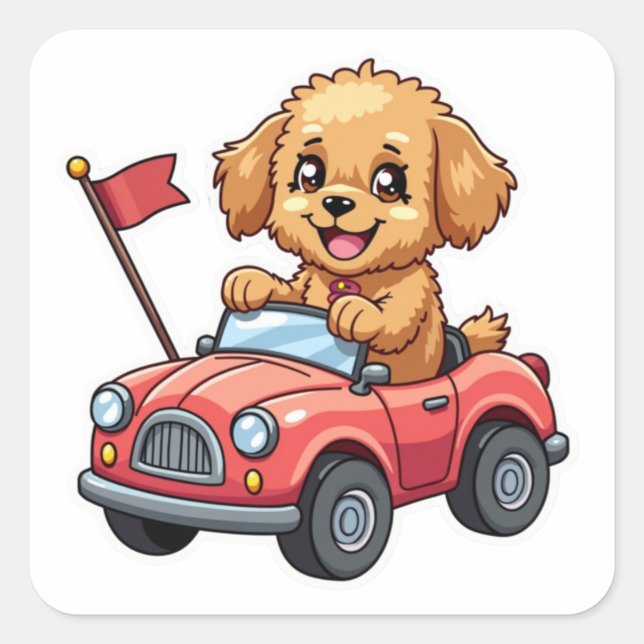 Kawaii Aufkleber Cavapoo in einem Spielzeugauto (Vorderseite)