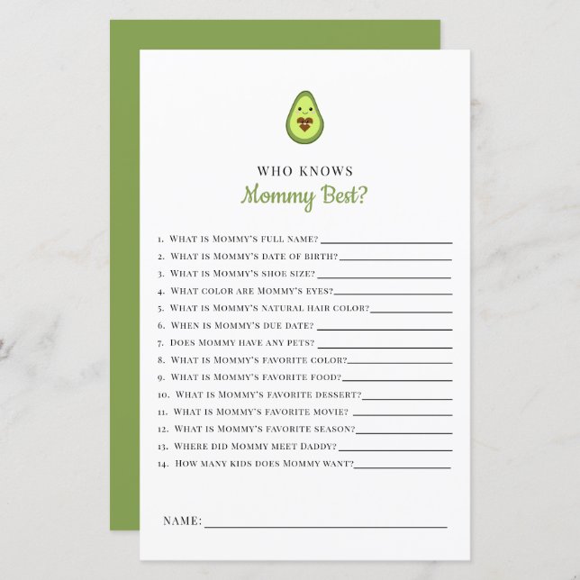Kawaii Avocado Baby Shower Game, das Mama kennt (Vorne/Hinten)