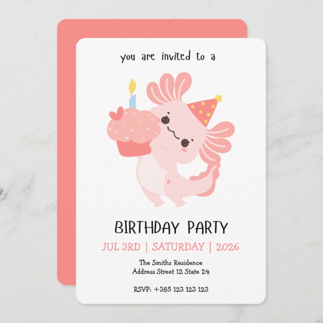 Kawaii Axolotl Birthday Party Invitation Einladung (Vorne/Hinten)