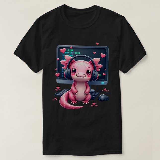 Kawaii Axolotl Gamer Programmieren T-Shirt (Design vorne)