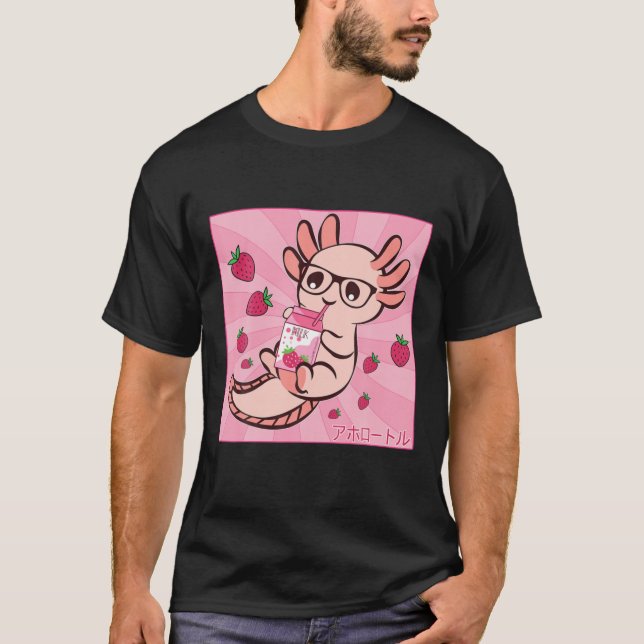 Kawaii Axolotl Japanese Anime Strawberry Milk Shak T-Shirt (Vorderseite)