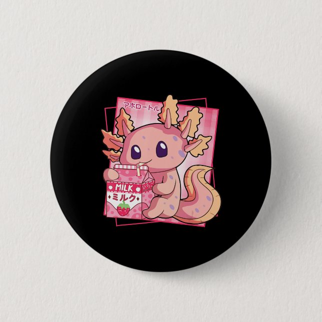Kawaii Axolotl Strawberry Milk Anim Button (Vorderseite)