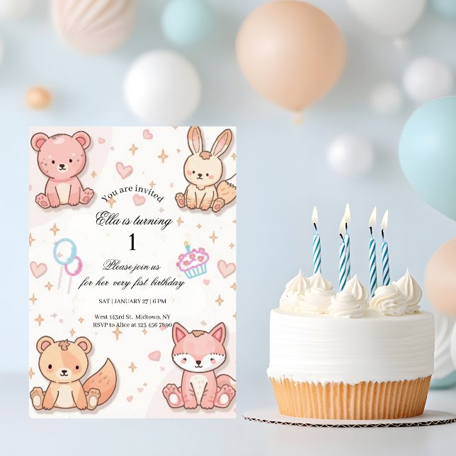 Kawaii Baby Animal 1st Birthday Invitation Einladung (Von Creator hochgeladen)
