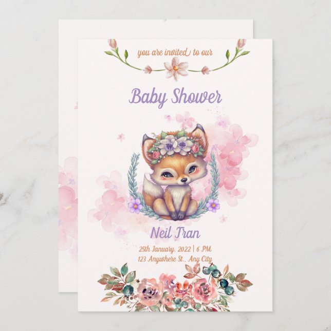 Kawaii Baby Fox Baby Shower Einladung (Vorne/Hinten)