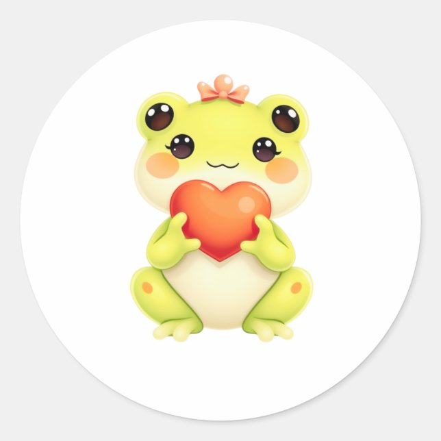 Kawaii Baby Frog Holding a Heart Runder Aufkleber (Vorderseite)