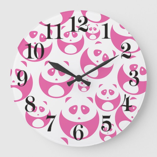 Kawaii Baby Pink und White Panda Muster Große Wanduhr (Vorderseite)