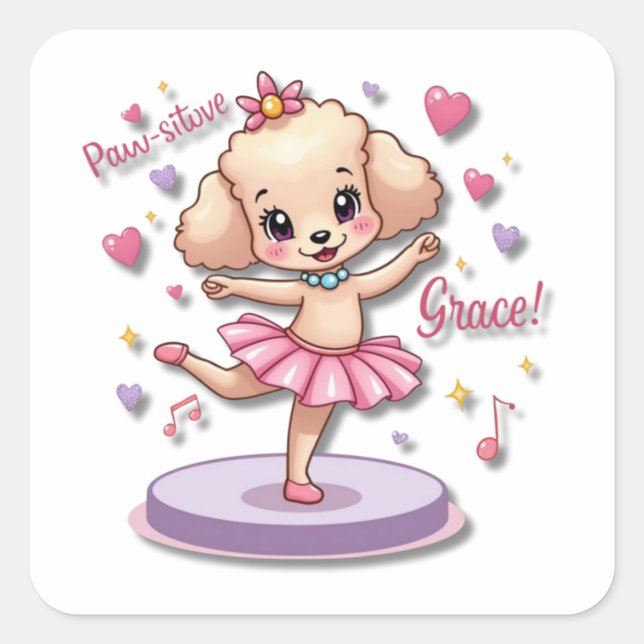 Kawaii Ballet Poodle mit einem kühnen Tutu Quadratischer Aufkleber (Vorderseite)