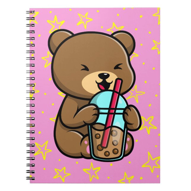 Kawaii Bär mit Boba Tee Notebook Notizblock (Vorderseite)