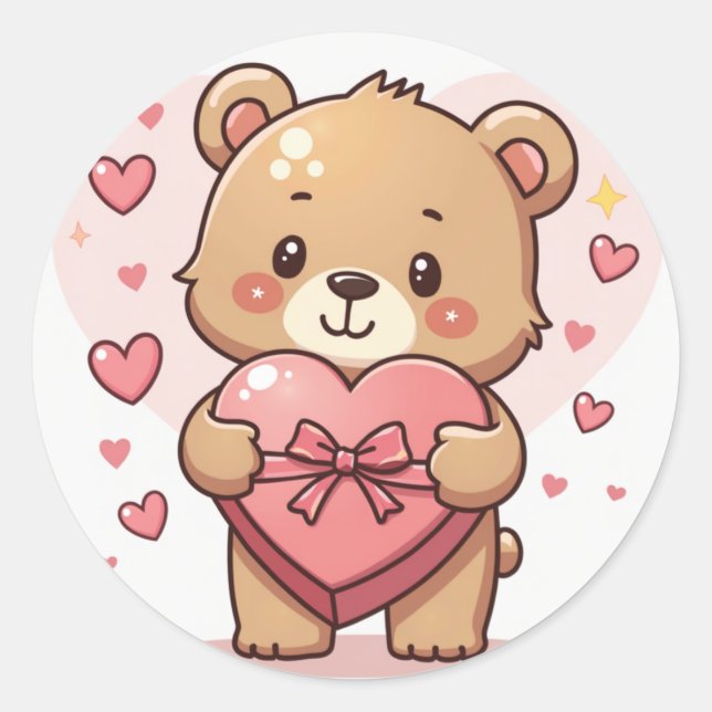 Kawaii Bär mit Herz-Schokolade Box Runder Aufkleber (Vorderseite)