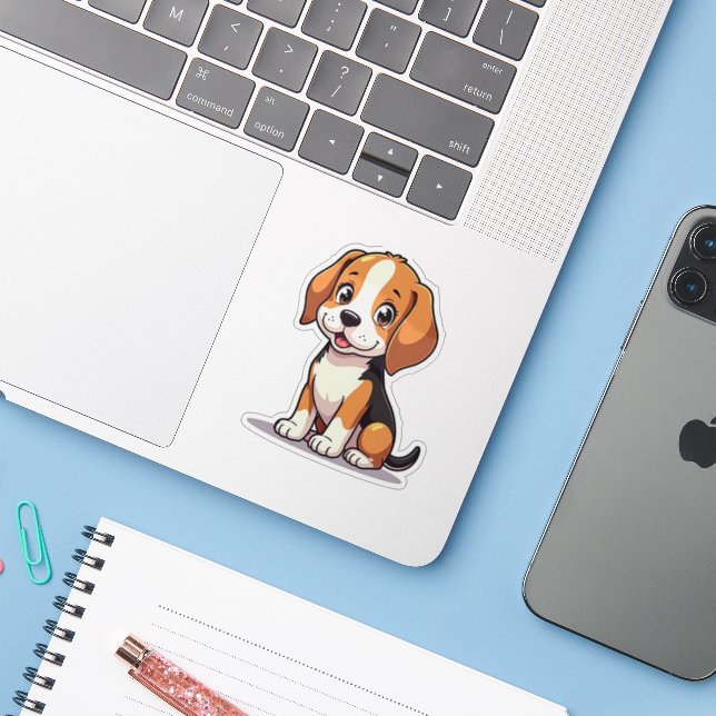 Kawaii Beagle Welpe - Sitzende Pose Aufkleber (Laptop mit iPhone)