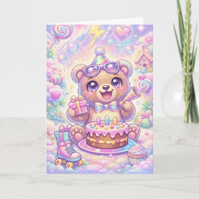 Kawaii Bear Birthday Pastel Rainbow Roller Skate Karte (Vorderseite)