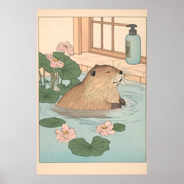 Kawaii Beaver Ukiyo-e Print Funny Bathroom Japandi Poster (Vorne)