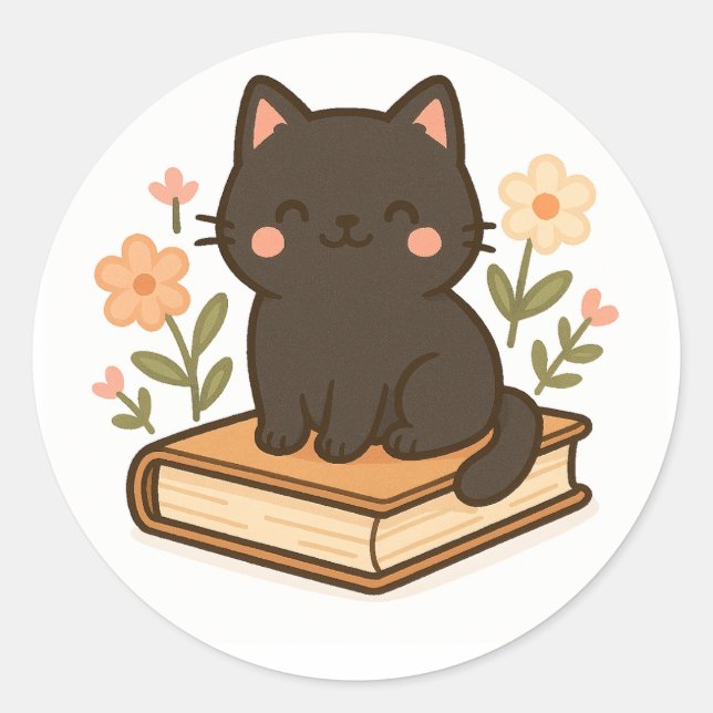 Kawaii Black Cat on Book – Cozy Sticker (Vorderseite)