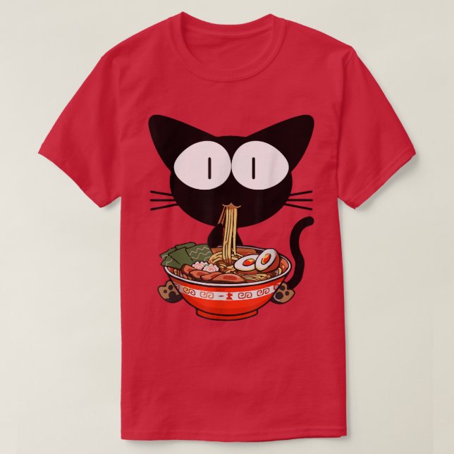 Kawaii Black Cat Ramen Bowl Anime japanische Noodl T-Shirt (Design vorne)