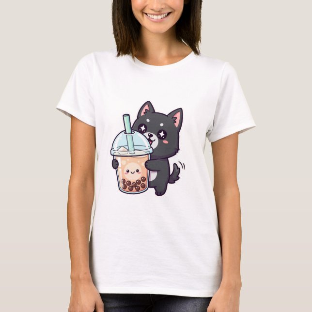 Kawaii Black Cat Sipping Boba Tea - Cute Anime Nek T-Shirt (Vorderseite)
