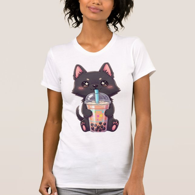Kawaii Black Cat Sipping Boba Tea - Cute Anime T-Shirt (Vorderseite)