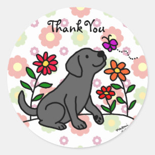 Kawaii Black Labrador Cartoon Floral Runder Aufkleber