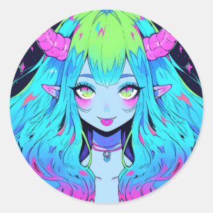 Kawaii Blue, Pink und Green Anime Girl Demon Runder Aufkleber