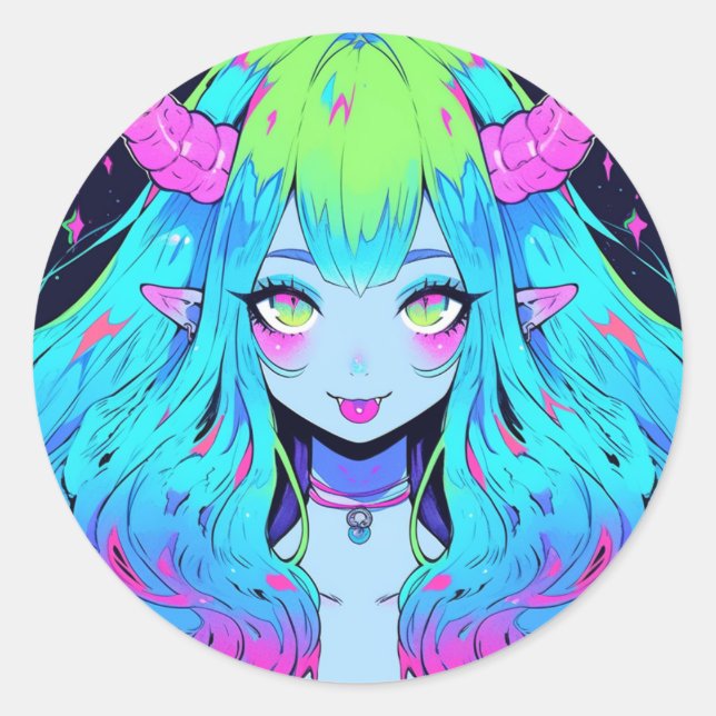 Kawaii Blue, Pink und Green Anime Girl Demon Runder Aufkleber (Vorderseite)
