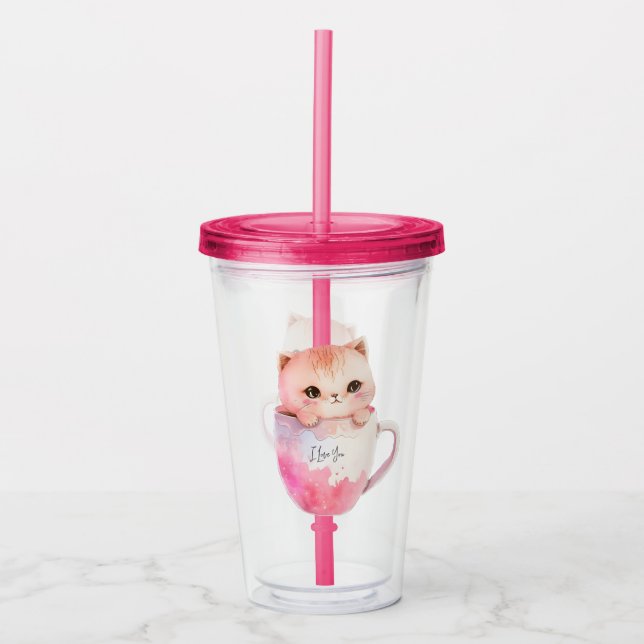 Kawaii Blushing Pink Chibi Cat Acryltrinkbecher (Vorderseite)