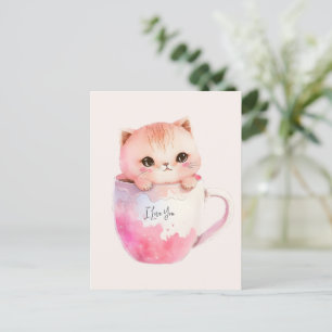Kawaii Blushing Pink Chibi Cat Postkarte