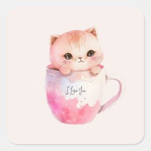 Kawaii Blushing Pink Chibi Cat Quadratischer Aufkleber