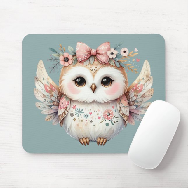 Kawaii Boho Owl Illustration Blue Mousepad (Mit Mouse)
