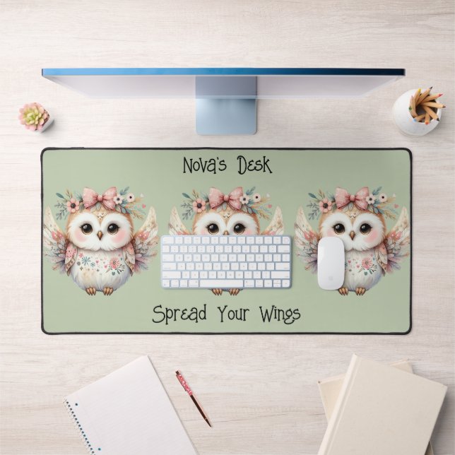 Kawaii Boho Owl Illustration Green Schreibtischunterlage (Büro 1)