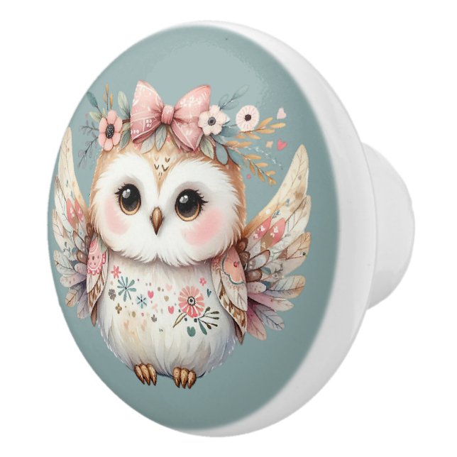 Kawaii Boho Owl Illustration Keramikknauf (Rechts)