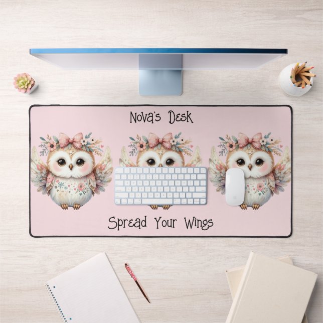 Kawaii Boho Owl Illustration Pink Schreibtischunterlage (Büro 1)