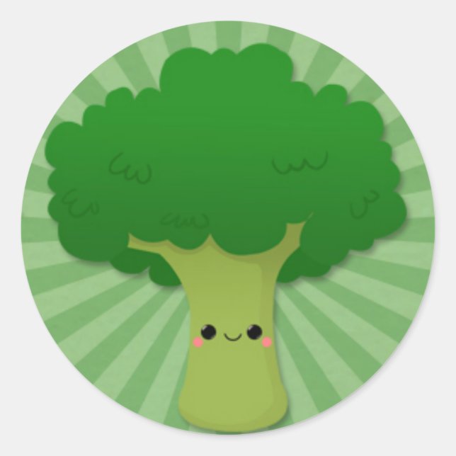 Kawaii Broccoli über grüne Sternexplosion Runder Aufkleber (Vorderseite)