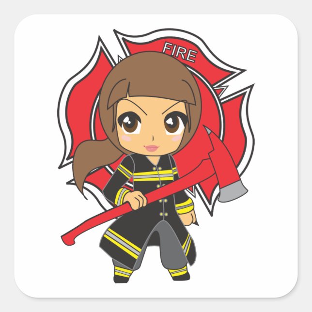 Kawaii Brünette Feuerwehrfrau - Quadratischer Aufkleber (Vorderseite)