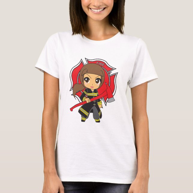 Kawaii brünettes Feuerwehrmann-Mädchen - T-Shirt (Vorderseite)