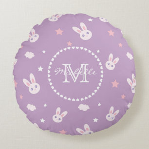 Kawaii Bunny Rabbit Pastel Lila Muster Monogram Rundes Kissen