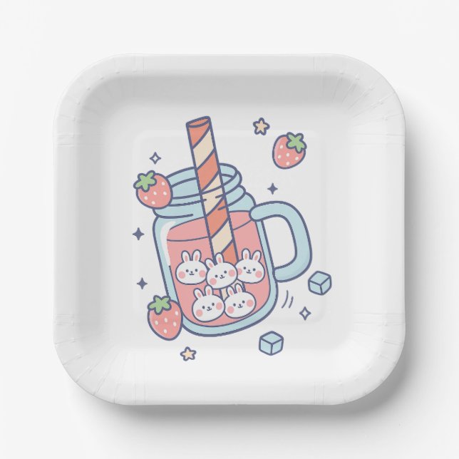 Kawaii Bunny Strawberry Drink Pappteller (Vorderseite)