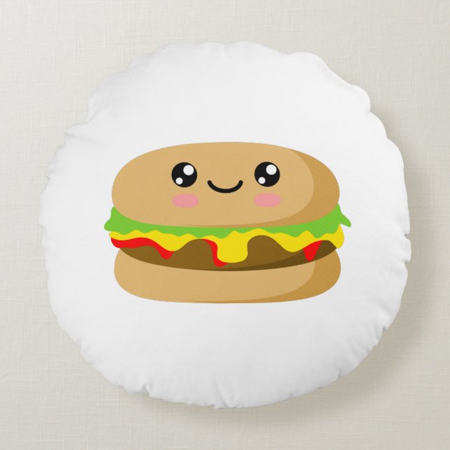 Kawaii Burger Rundes Kissen (Vorderseite)
