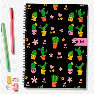 Kawaii Cactus Monogram Black Spiral Notebook Notizbuch