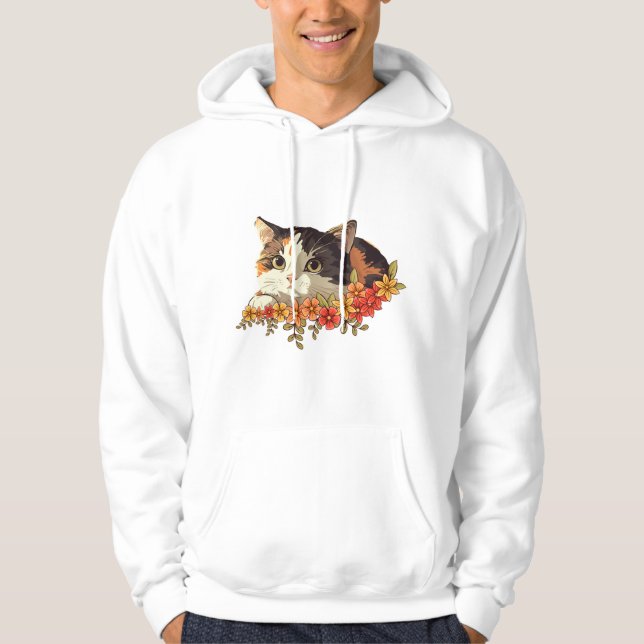 Kawaii Calico Cat Floral Peeking Art Hoodie (Vorderseite)
