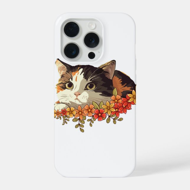 Kawaii Calico Cat Floral Peeking Art iPhone Hülle (Rückseite)