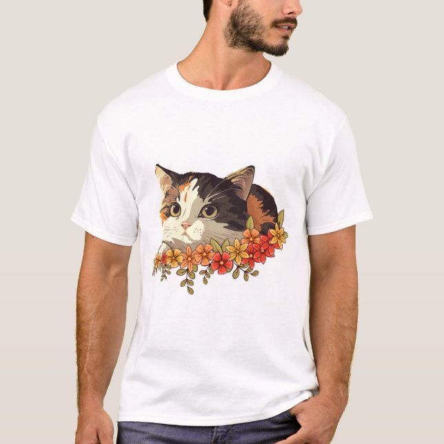 Kawaii Calico Cat Floral Peeking Art T-Shirt (Vorderseite)
