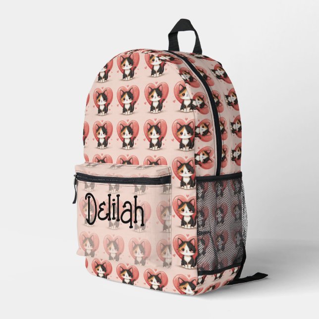 Kawaii Calico Cat Heart Valentine Design Bedruckter Rucksack (Rückseitige Ecke Rechts)