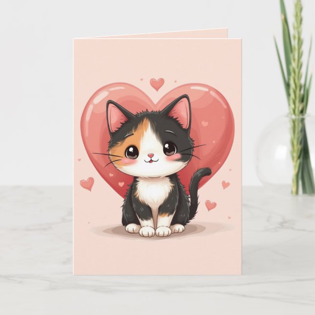Kawaii Calico Cat Heart Valentine Design Dankeskarte (Vorderseite)