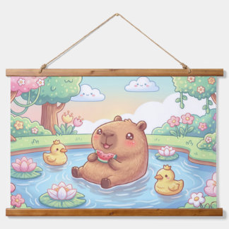 Kawaii Capy in einem Teich Wandteppich Mit Holzrahmen