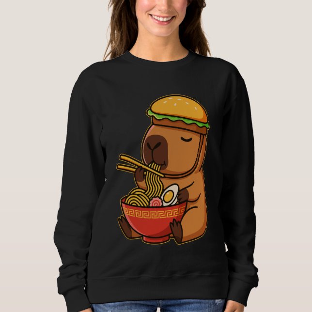 Kawaii Capybara with Burger Hat Eating Japanese Ra Sweatshirt (Vorderseite)