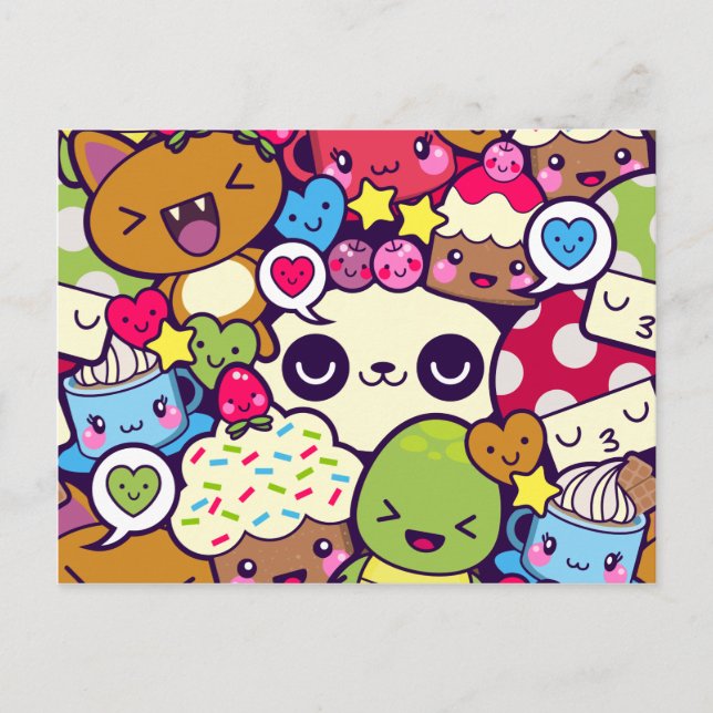 Kawaii Cartoon Animal Food Party Einladungspostkarte (Vorderseite)