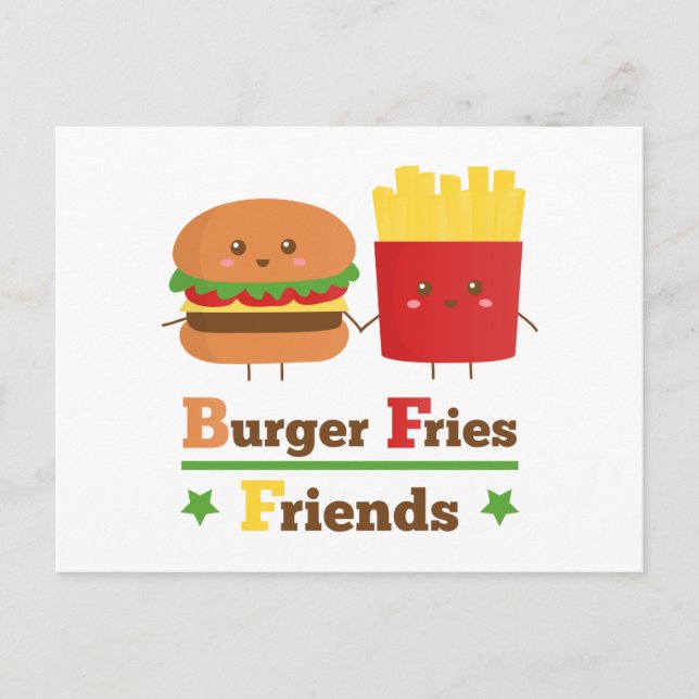 Kawaii Cartoon Burger Fries Friends BESTE FREUNDIN Postkarte (Vorderseite)
