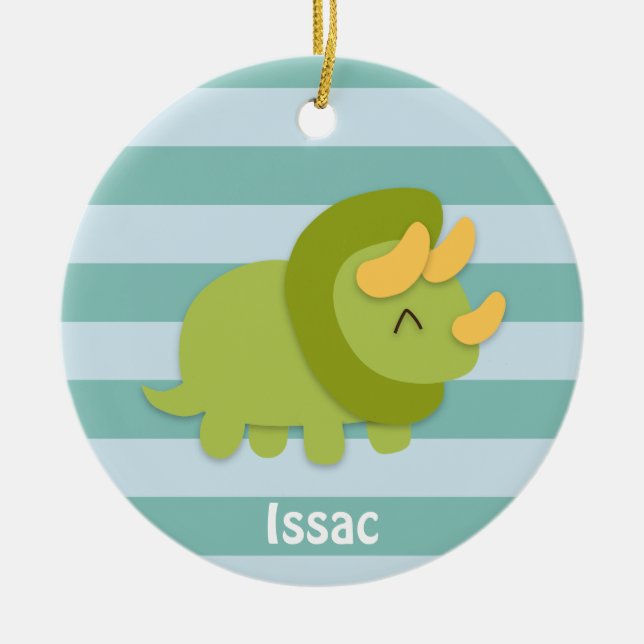 Kawaii Cartoon des grünen und gelben Triceratops Keramikornament (Vorne)