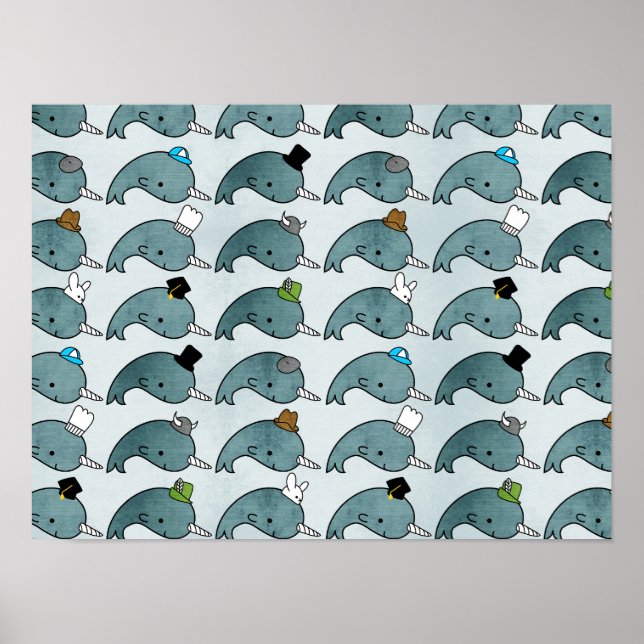 Kawaii Cartoon Grunge Narwhals mit Hut Poster (Vorne)