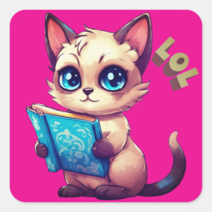 Kawaii Cartoon Katze liest ein Buch Quadratischer Aufkleber