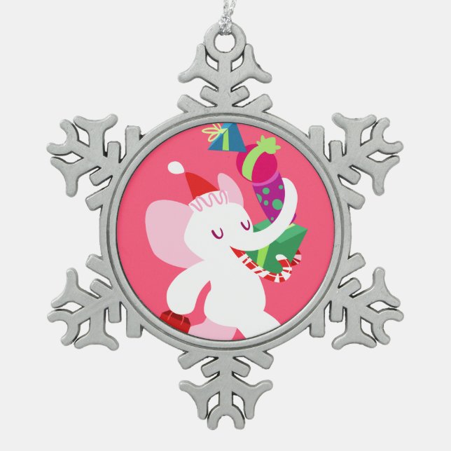 Kawaii Cartoon-Weihnachtsweißer Elefant Schneeflocken Zinn-Ornament (Vorderseite)